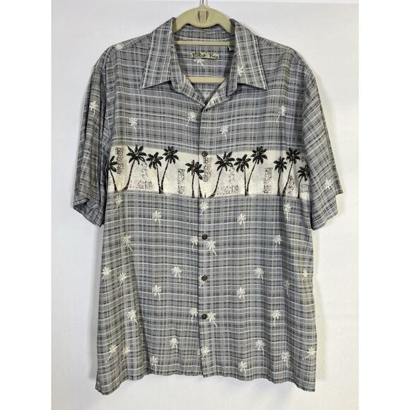 VTG Men’s Silk Button Down Hawaiian Shirt L Gray Pocket Polynesian Batik Bay - Picture 1 of 10